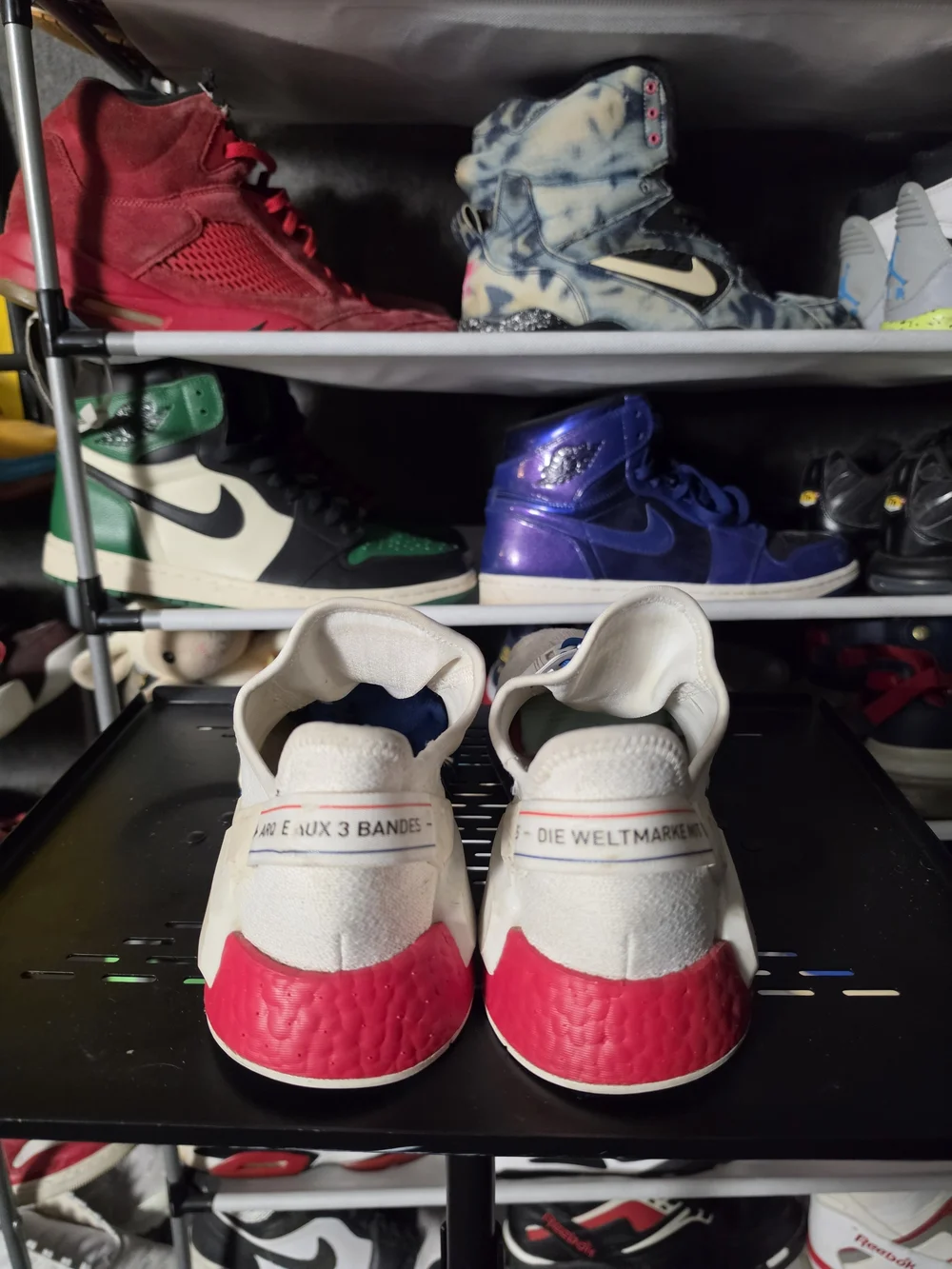 🔥 adidas NMD White Knit Sneakers Men Size 9 Blue and Red Midsole Accents